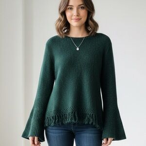 John + Jenn Green Knit Fringe Hem Sweater Bell Sleeve Small Petite